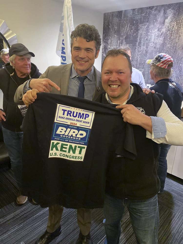 Joe Kent was endorsed by the 3rd Congressional District delegates at the WSRP State Convention. Mark Cole and Kent show off the T-shirt the CCRP delegates wore as a display of unity for their three endorsed candidates. Photo courtesy Clark County Republicans