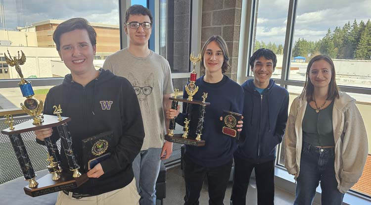 Shown here last month, Adam Ford, Stuart Swingruber, Asher Anderson, James Haddix, and Emiliana Newell are members of the Ridgefield Spudders Knowledge Bowl team. This past week, the Spudders won the Knowledge Bowl national championship. Photo by Paul Valencia