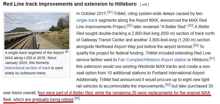 Four of 30 ordered new light rail vehicles TriMet purchased were for their Better Red extension. The remaining 26 were replacements for the original MAX fleet being retired. They were not needed for the Interstate Bridge project, but for their entire system. Graphic courtesy Wikipedia