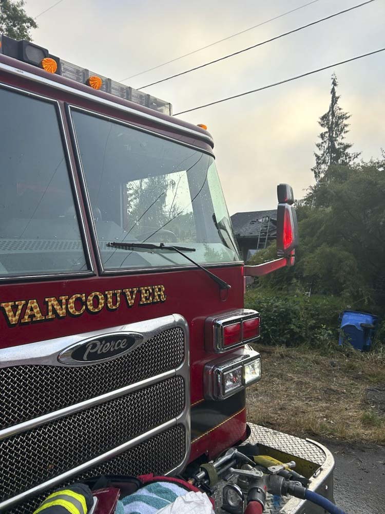 Crews from Vancouver Fire and Fire District 6 responded to a house fire early July 23. One man and his dog were displaced, and a firefighter was treated for minor injuries.