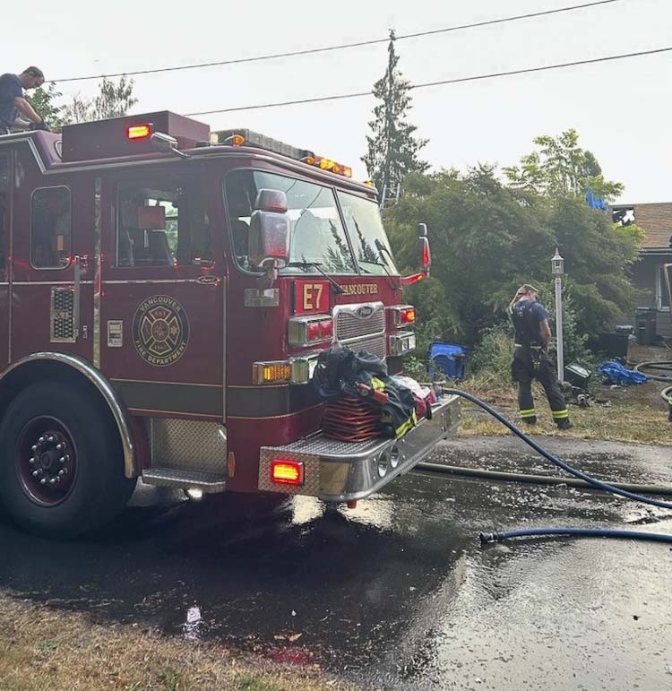 Crews from Vancouver Fire and Fire District 6 responded to a house fire early July 23. One man and his dog were displaced, and a firefighter was treated for minor injuries.