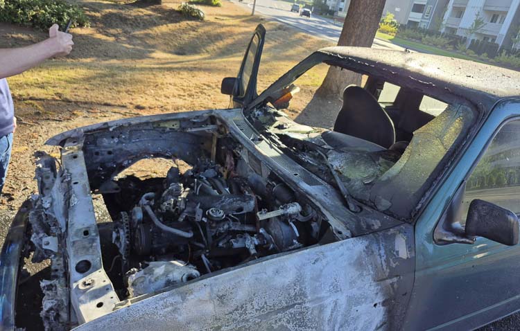 The remains of a pickup truck after a car fire this morning in east Vancouver. The driver got the car off a busy avenue and then escaped unharmed. Photo courtesy Rey Reynolds