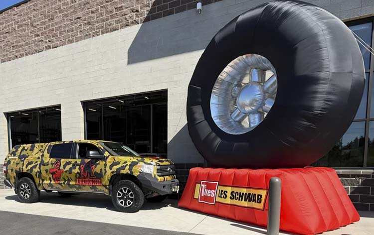 The new Les Schwab Tire Center that opened in Brush Prairie donated a new set of tires for The Fallen Outdoors, a nonprofit that brings the outdoors to military, veterans, and Gold Star families. Photo courtesy Devin Cabato
