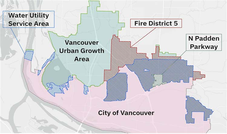 This map shows the four proposals of annexation. The City of Vancouver and Clark County are in discussions about the potential for annexation. The process is in the early stages. Image courtesy city of Vancouver