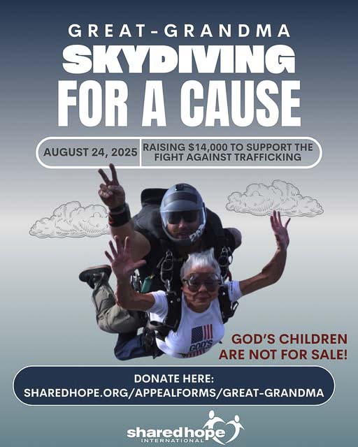 Shirley Romig of Battle Ground, a 79-year-old great grandmother, will be jumping out of an airplane on Sunday as she skydives for a cause, raising funds for Shared Hope International to eradicate sex trafficking. Image courtesy Shared Hope International Facebook page