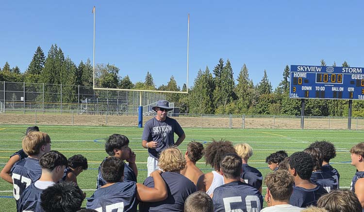 Matt Hamlin has been the head coach at Skyview since late winter, leading the Storm through spring drills and summer workouts. On Wednesday, it was the first official day of practice for the upcoming season. Photo by Paul Valencia