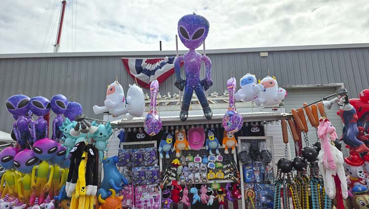 The aliens have landed at the Clark County Fair. Them and a bunch of other merchandise is for sale. Of course, some are fortunate enough to win merchandise at the carnival. Photo by Paul Valencia