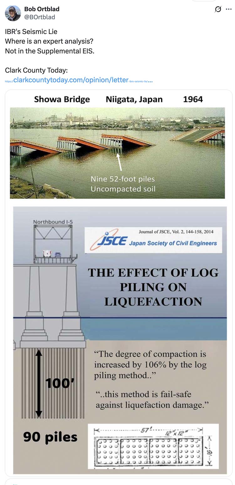 A 2014 study in Japan found that closely spaced logs serving as pilings for bridges increase the degree of compaction by 106 percent. “This method is fail-safe against liquification damage” they reported. Graphic courtesy Bob Ortblad