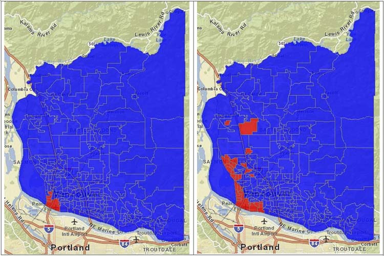 Here are the election result maps of the 2013 advisory votes. Clark County voters in 223 out of 228 precincts said No to the CRC Light Rail project on Advisory Vote #1 (left). And 198 out of 228 precincts said Yes to the toll-free East County Bridge Advisory Vote #3 (right). Image courtesy EastCountyBridge.com