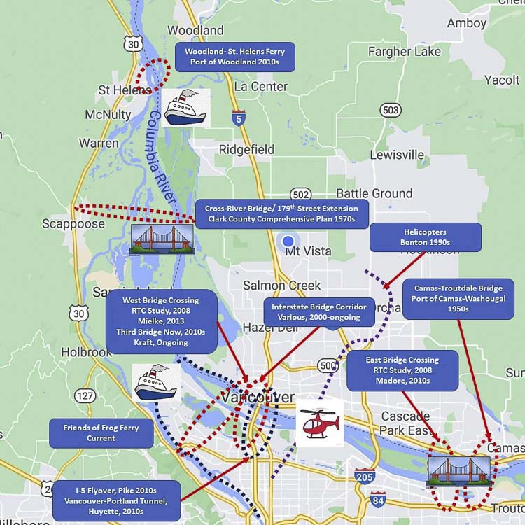 Chuck Green created this graphic to show a majority of the ideas that have been proposed over the decades for additional transportation capacity connecting Oregon and Washington. He points out that since the I-205 corridor was built, Oregon has rejected all ideas. Graphic courtesy of Chuck Green