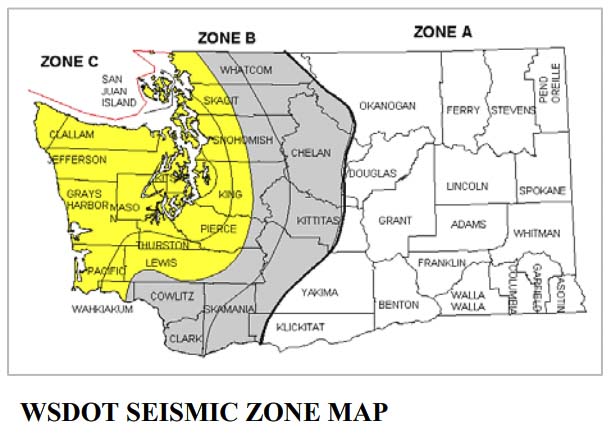 The Washington Department of Transportation shows Clark County in a reduced risk zone compared to the Puget Sound and Washington coast. Zone C has the highest risk for damage. Graphic courtesy WSDOT