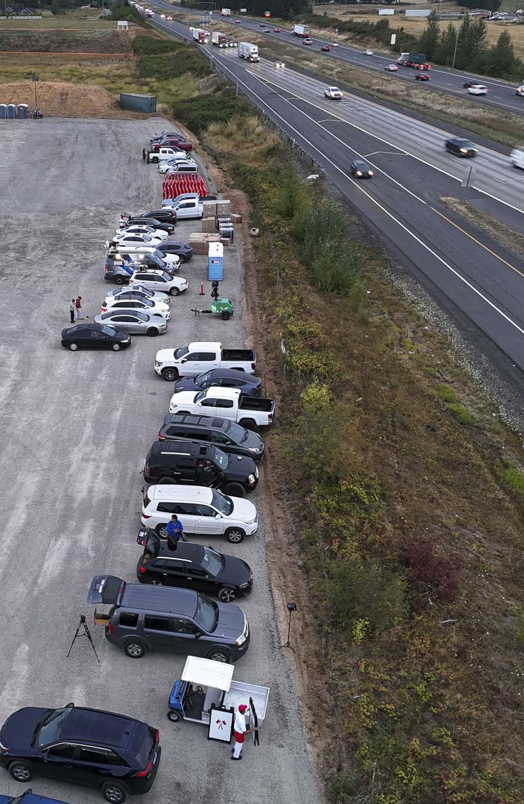 Steve Mathis, In-N-Out Burger Super Fan, used his drone to take this photo of the cars lined up for In-N-Out Burger guests who preferred the dine-in experience rather than the drive-thru lane Wednesday morning. Photo courtesy Steve Mathis.