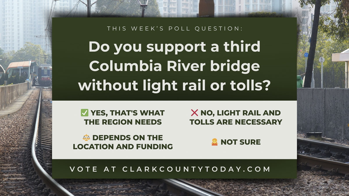 Poll asks whether a toll-free, no–light rail East County Bridge should move forward as a practical alternative to the $7.5 billion I-5 Bridge replacement.