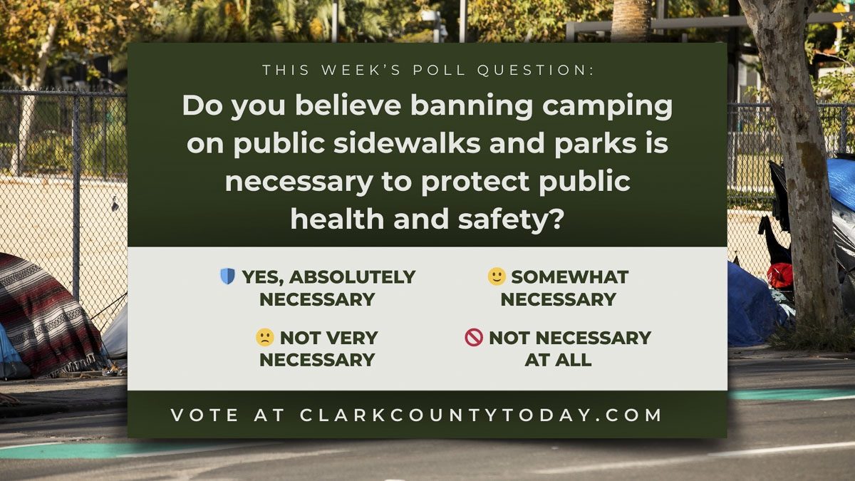 Clark County Today is asking readers in a poll whether Camas’ new camping ban is necessary to protect health and safety in public spaces.