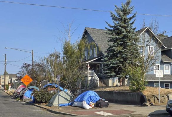 Homeless camps take over a sidewalk outside the Share House in Vancouver. This photo was taken Aug. 18. Photo by Paul Valencia