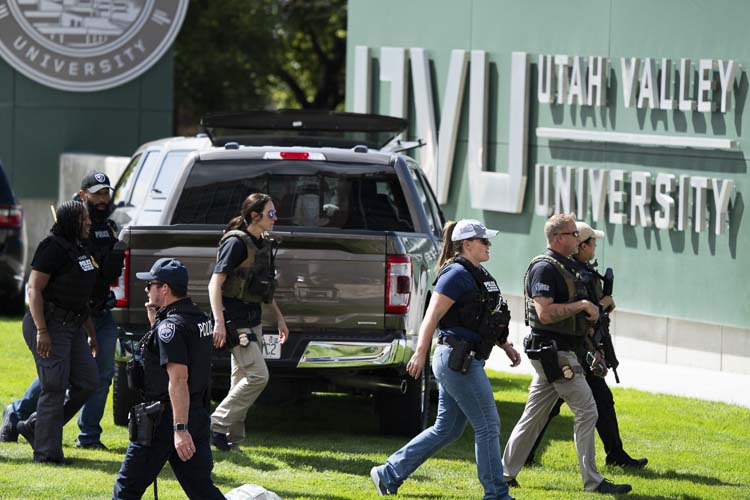 Police respond to the scene of the fatal shooting of Charlie Kirk, who was speaking during an event at Utah Valley University in Orem on Wednesday, Sept. 10, 2025. Photo courtesy Spenser Heaps/Utah News Dispatch