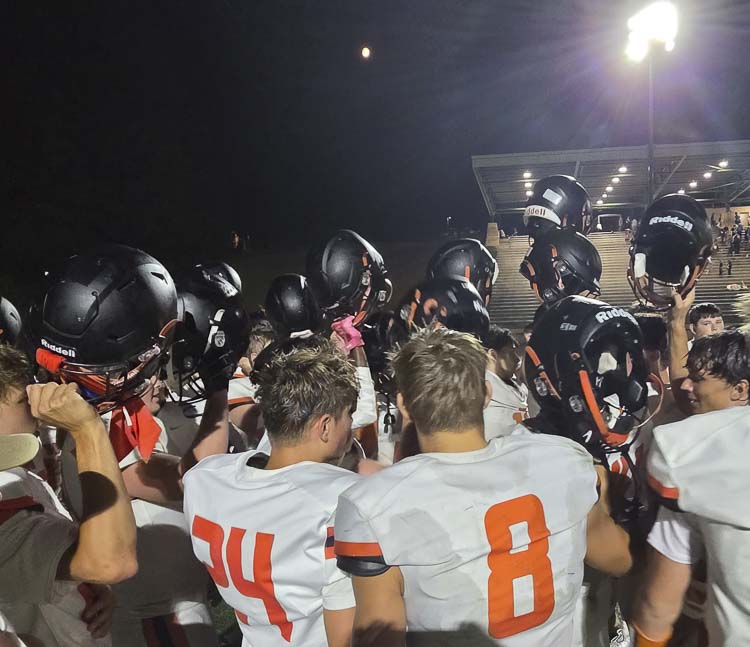 The Washougal Panthers celebrate their 56-33 victory over Mountain View in the region’s first high school football game of the season on Thursday. Photo by Paul Valencia