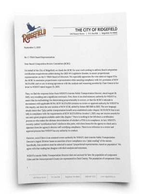 Ridgefield Mayor Matt Cole urged the C-TRAN Board Composition Review Committee to stand by its 3-3-3 plan, disputing WSDOT’s authority and warning of possible legal action.