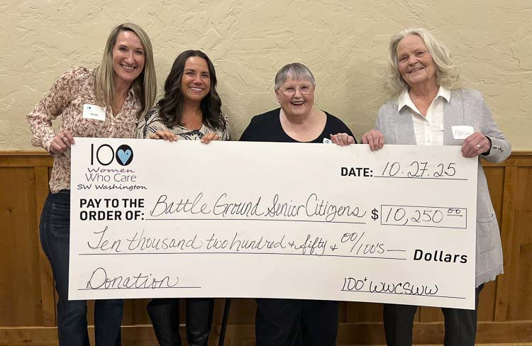 The 100 Women Who Care of Southwest Washington selected Battle Ground Senior Citizens Inc., as its nonprofit organization to support in the final quarter of 2025. Pictured are: Brook Trang, board member for 100 Women Who Care, Lori Lindberg, board advisor for BGSC, Sharon Wodtke, BGSC president, and Marsha Gregor, nominating member. Photo courtesy BGSC Inc.