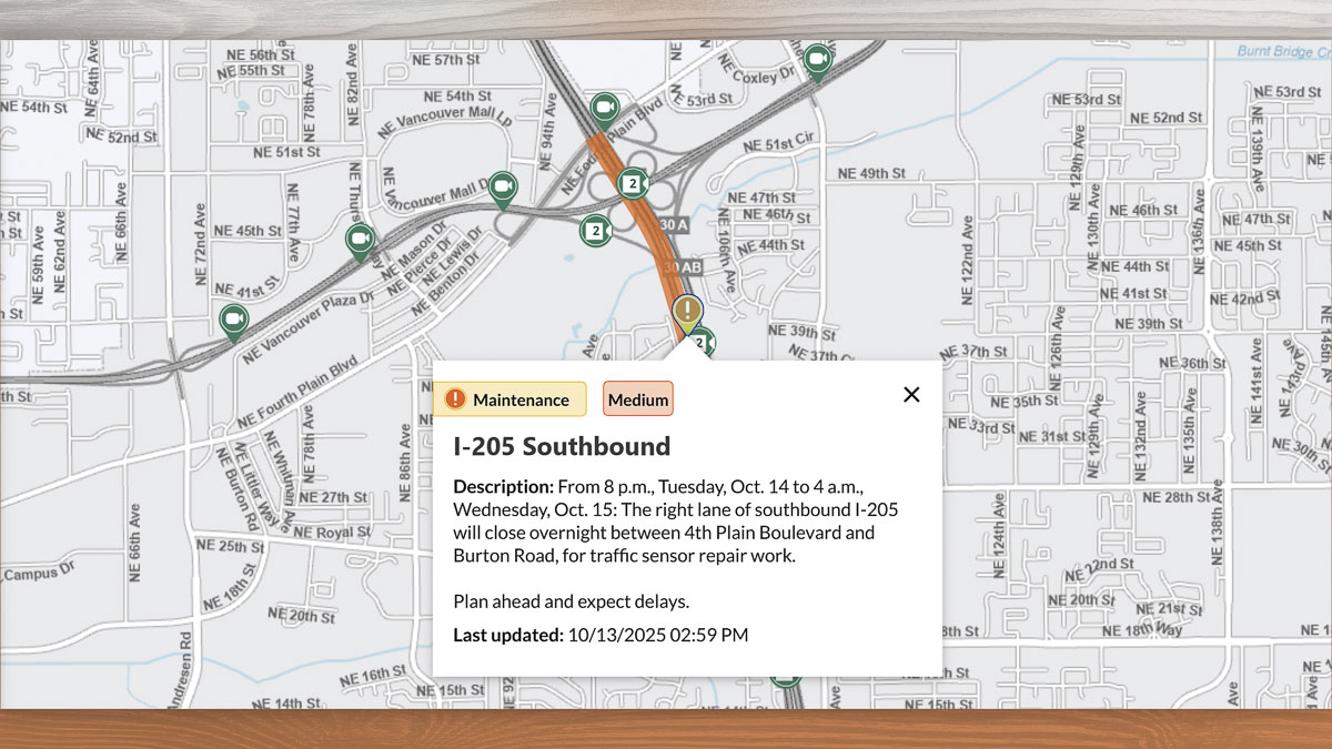 WSDOT crews will close the right lane of southbound I-205 between Fourth Plain Boulevard and Burton Road overnight Oct. 14–15 to repair and replace traffic sensors.