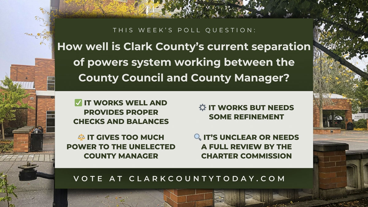 Clark County Today asks readers whether the current separation of powers between the County Council and County Manager provides effective checks and balances.