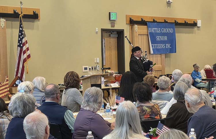 Tim Gunn performs on the bagpipes at Monday’s luncheon provided by Battle Ground Senior Citizens, Inc. The November luncheon is always dedicated to veterans. Photo by Paul Valencia