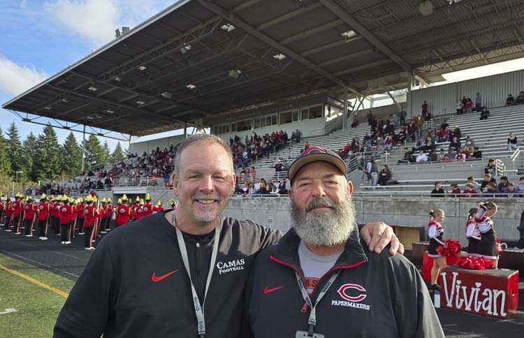 Rick Stainbrook and Mark Hagensen share the duties as stadium managers at Doc Harris Stadium in Camas. On Saturday, they and all who work with them, were busy with two state playoff football games. Photo by Paul Valencia