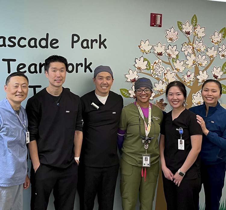 Volunteer dentists Lloyd Chang, DDS; Matthew Chung, DDS; Benjamin An, DDS; Mailiki Patterson, DDS; Hatai Jivagunchainan, DMD; and Thien-Y Hoang, DMD worked alongside nearly 30 Kaiser Permanente Dental team members during a free community dental clinic at Cascade Park Dental Office in Vancouver, Wash., on Saturday, Nov. 15. Photo courtesy Kaiser Permanente