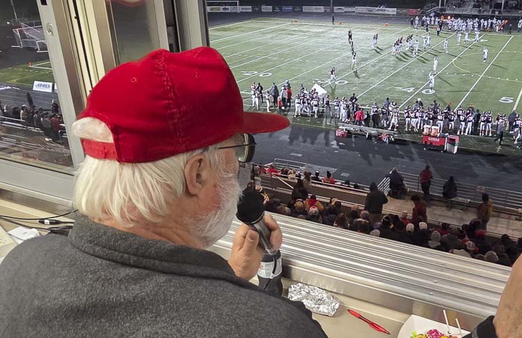 Dale Croswell loves his view from the “Cros Nest” at Doc Harris Stadium. He has been the voice of the stadium for football games for 45 seasons. This is is last season with the microphone. Photo by Paul Valencia