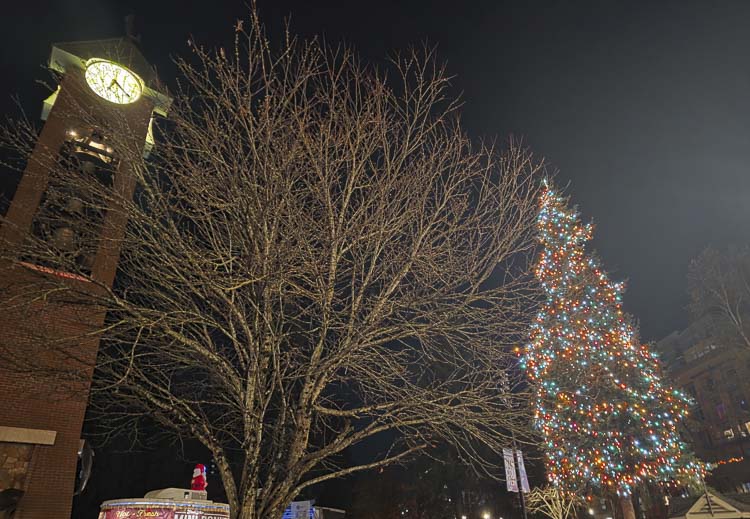 The Christmas Tree was lit up Friday night near the Salmon Run Bell Tower, which was recently restored. Photo by Paul Valencia