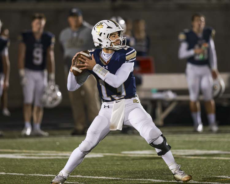 Kolten Gesser threw two touchdown passes in the third quarter, erasing a deficit and giving Seton Catholic a 14-7 lead Saturday at Doc Harris Stadium in Camas. Seton Catholic would beat La Center by that score to advance in the Class 1A state football playoffs. Photo courtesy Chris Barker