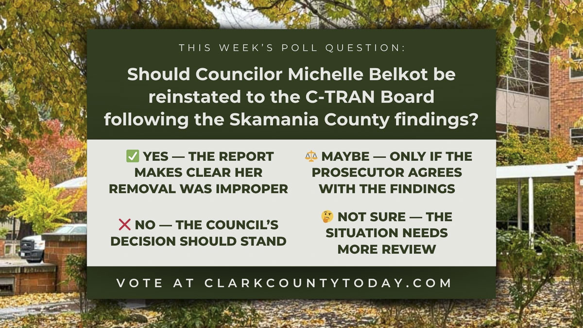 Clark County Today’s latest poll asks whether Councilor Michelle Belkot should be reinstated to the C-TRAN Board after a Skamania County investigation found rule violations in her removal.