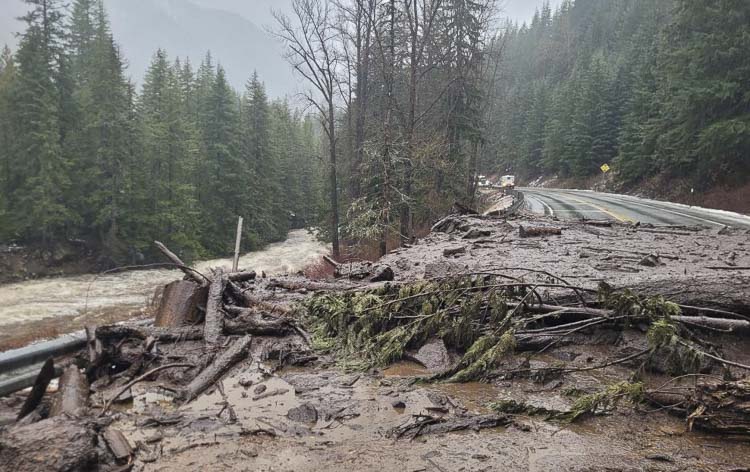 Slide damage at milepost 72 on U.S. 2, in a photo shared by the Washington State Department of Transportation on Dec. 11, 2025. Photo courtesy of WSDOT