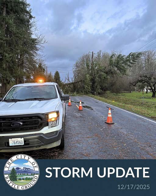 The city of Battle Ground posted this tree that fell on a power line on SW 20th Ave. Roads were closed, and classes were called off at most schools in the region due to power outages due to the windstorm. Photo courtesy city of Battle Ground