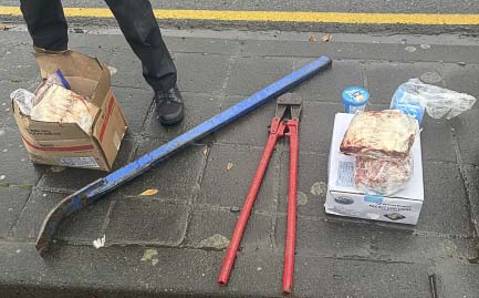 Burglar tools and some of the food items taken in the burglary, which were recovered in the suspects’ vehicle. Photo courtesy city of Camas