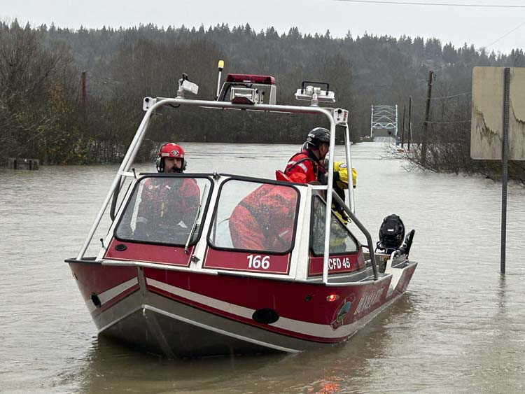 Eastside Fire and Rescue conducts operations near Duvall, in King County, on Dec. 11, 2025. Heavy rains have caused rivers to overflow throughout western Washington. Photo courtesy of Eastside Fire and Rescue