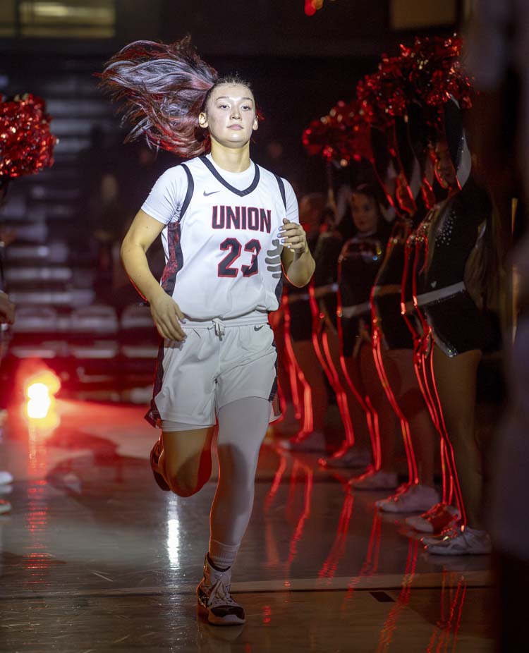 Union standout Brooklyn Haywood, shown here earlier this season, got a huge ovation when she was introduced before games in Anchorage this weekend. Haywood grew up in Anchorage and she and the Union Titans played two games there. Photo courtesy Heather Tianen