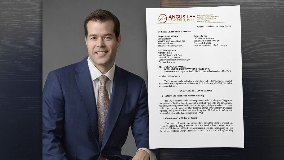 Attorney Angus Lee has filed a tort claim against the city of Portland for journalist Nicholas Sortor’s October arrest, alleging unlawful, politically biased enforcement and releasing a memo on years of selective policing.