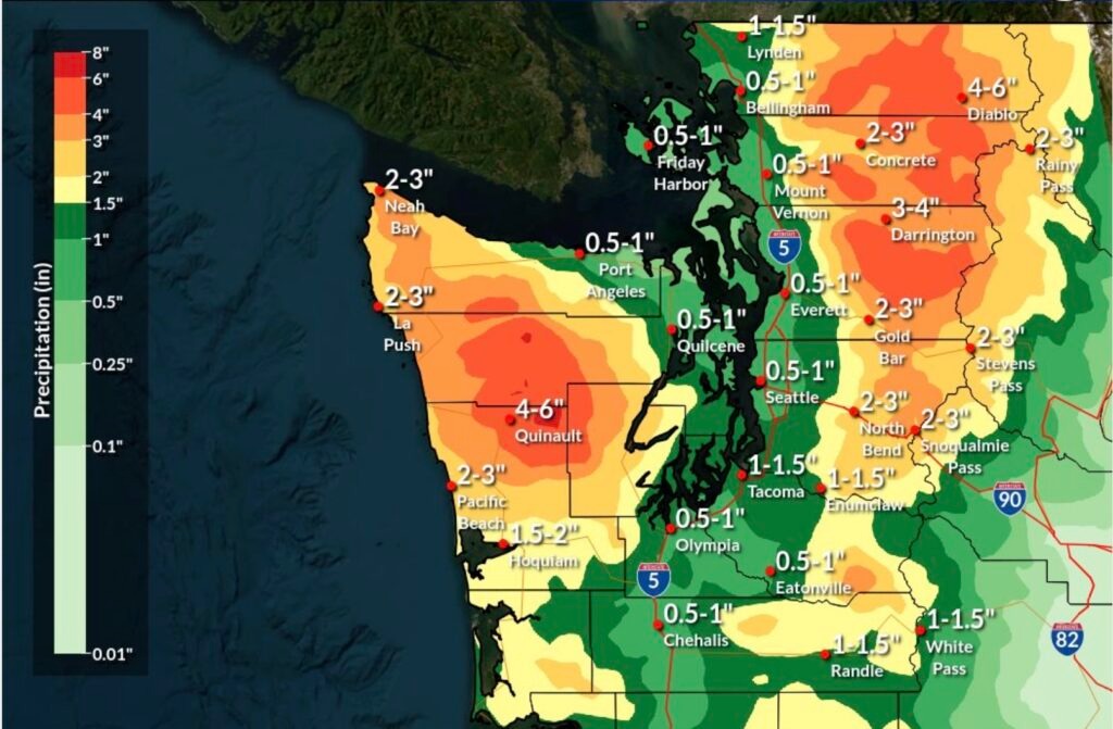 The National Weather Service is forecasting additional heavy rain. This map shows predicted rainfall totals from Saturday, Dec. 13 at 10 a.m. through Tuesday, Dec. 16 at 4 a.m. The forecast was issued on Dec. 13 at 11:18 a.m. Map courtesy of NWS Seattle
