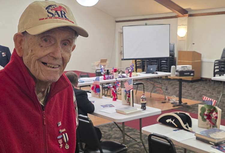 Alfred Folkerts, a World War II veteran, was honored Saturday by the Sons of the American Revolution in recognition of Folkerts’ 100th birthday earlier this month. Photo by Paul Valencia