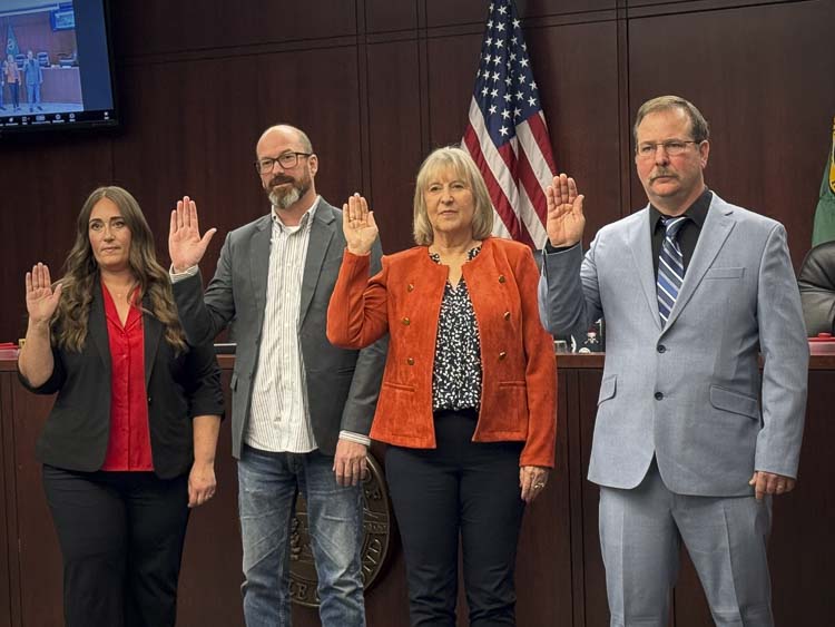 Battle Ground Council swearing in – (pictured from left to right) Deputy Mayor Aimee Vaile, Councilmembers Troy McCoy, Jeanie Kuypers, and Brian Munson. Photo courtesy city of Battle Ground