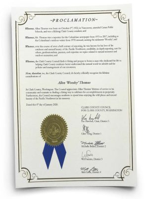 Clark County Council issued a proclamation honoring the life and career of longtime outdoors reporter Allen “Woodsy” Thomas, recognizing his decades of journalism in Southwest Washington.