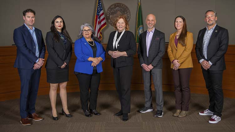 Pictured left to right: Council member Bart Hansen, Council member Kim D. Harless, Council member Diana H. Perez, Mayor Anne McEnerny-Ogle, Council member Ty Stober, Mayor Pro Tem Sarah J. Fox, Council member Erik Paulsen Photo courtesy city of Vancouver