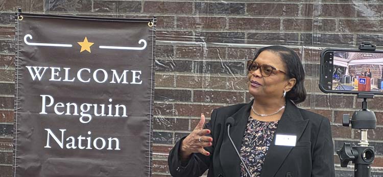 Dr. Karin Edwards, president of Clark College, welcomes guests to the ribbon-cutting ceremony for the Advanced Manufacturing Center in Ridgefield on Thursday. Photo by Paul Valencia