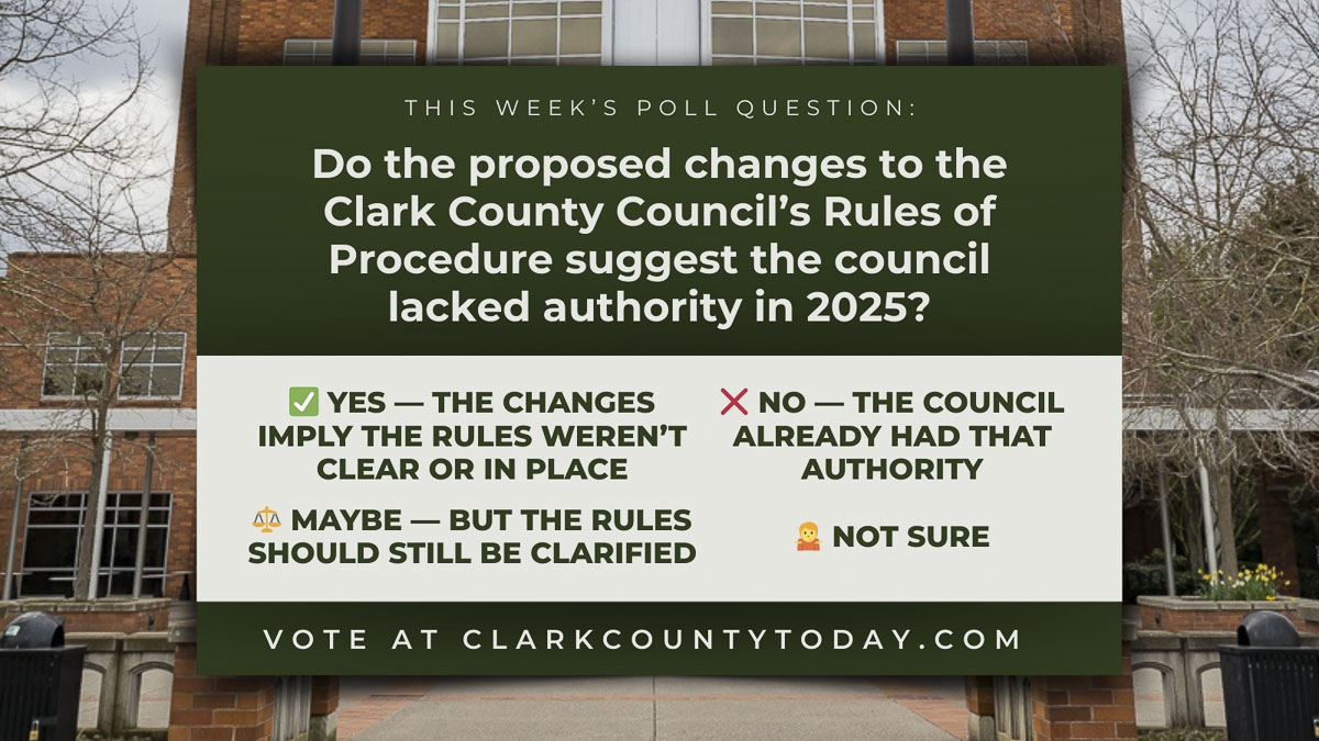 A new reader poll asks whether proposed changes to the Clark County Council’s Rules of Procedure indicate the council lacked clear authority during a 2025 board removal.