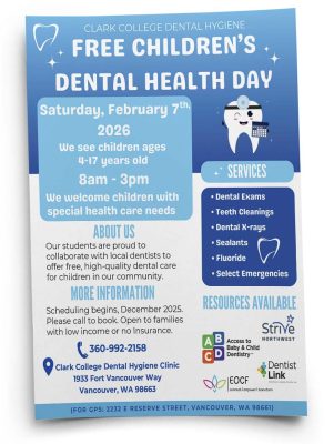 Clark College will provide free dental care for children ages 4–17 during its annual Free Children’s Dental Health Care Day on Feb. 7 at its Vancouver campus.