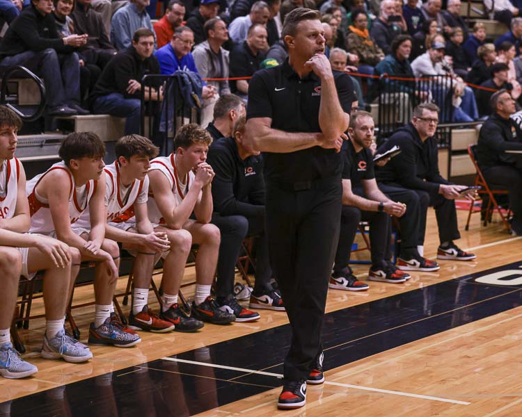 Scott Thompson, who now coaches the Camas boys basketball team, used to coach at Fort Vancouver. On Friday, Thompson coached in one state playoff game, just a few minutes after a former player of his, James Jones, coached Fort Vancouver in a playoff game at Camas High School. Photo courtesy Chris Barker