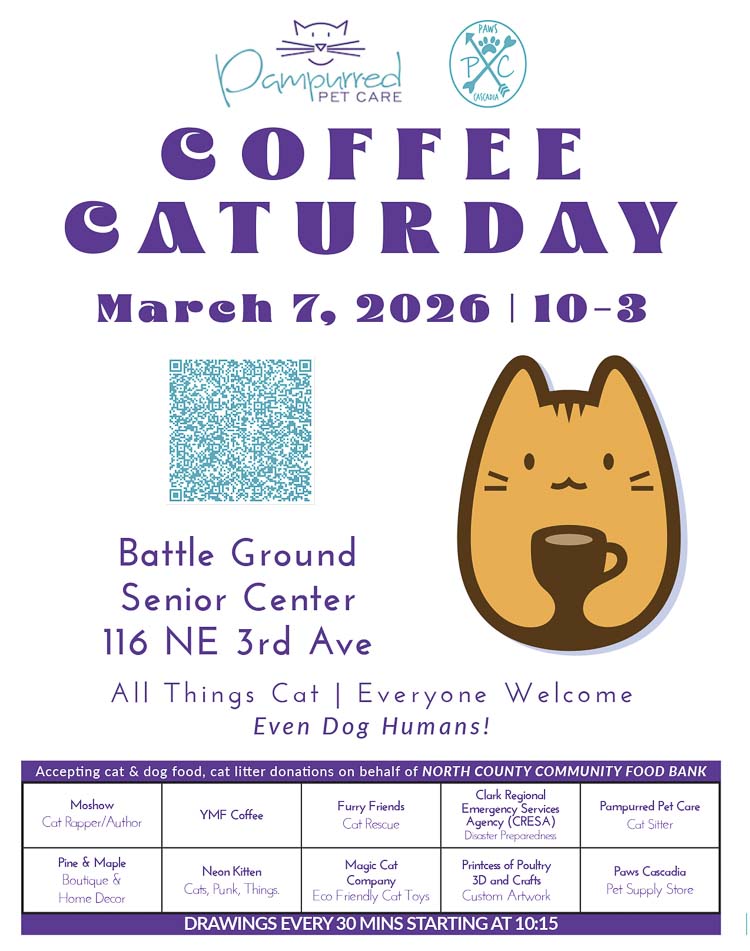 Coffee Caturday on March 7 will bring pet-themed vendors, coffee, and donation opportunities to the Battle Ground Senior Center.