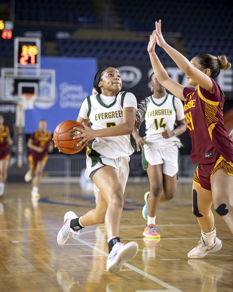 Mylee Thompson and the Evergreen Plainsmen are focused on bringing home a trophy from the state tournament. Evergreen made it to the fourth-place game with a win in the consolation bracket Friday in the Tacoma Dome. Photo courtesy Heather Tianen