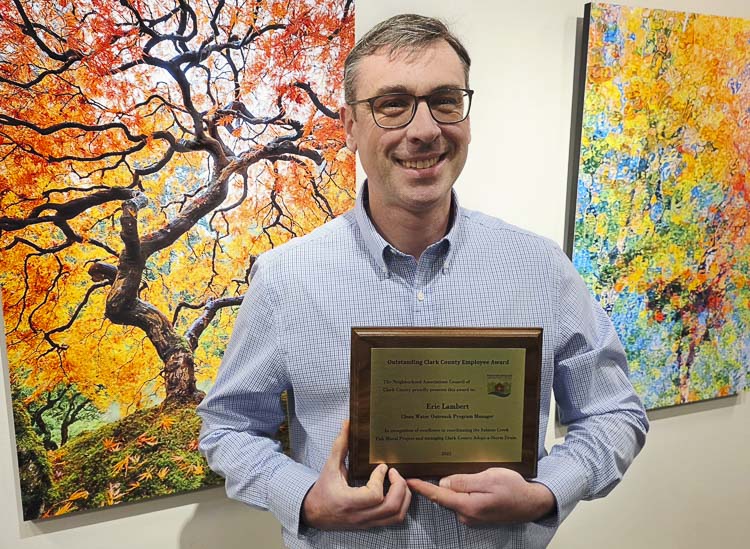 Eric Lambert, Clean Water Outreach manager, was named Outstanding Clark County Employee of 2025 by the Neighborhood Associations Council of Clark County. Photo by Paul Valencia